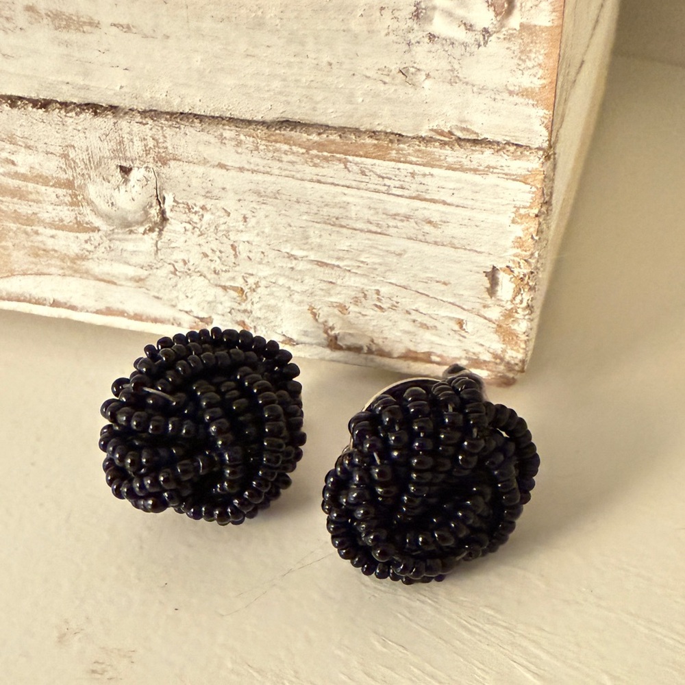 Black Beaded Retro Clip on Earrings Vintage Mid Century Modern